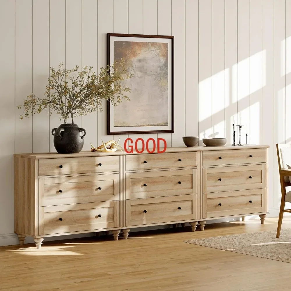 Dresser Bedroom 9 Drawers, Oak Kids Dressers Wide Chest of Drawers, Closet Storage Organizer, Large Dressers , Nursery, Hallway