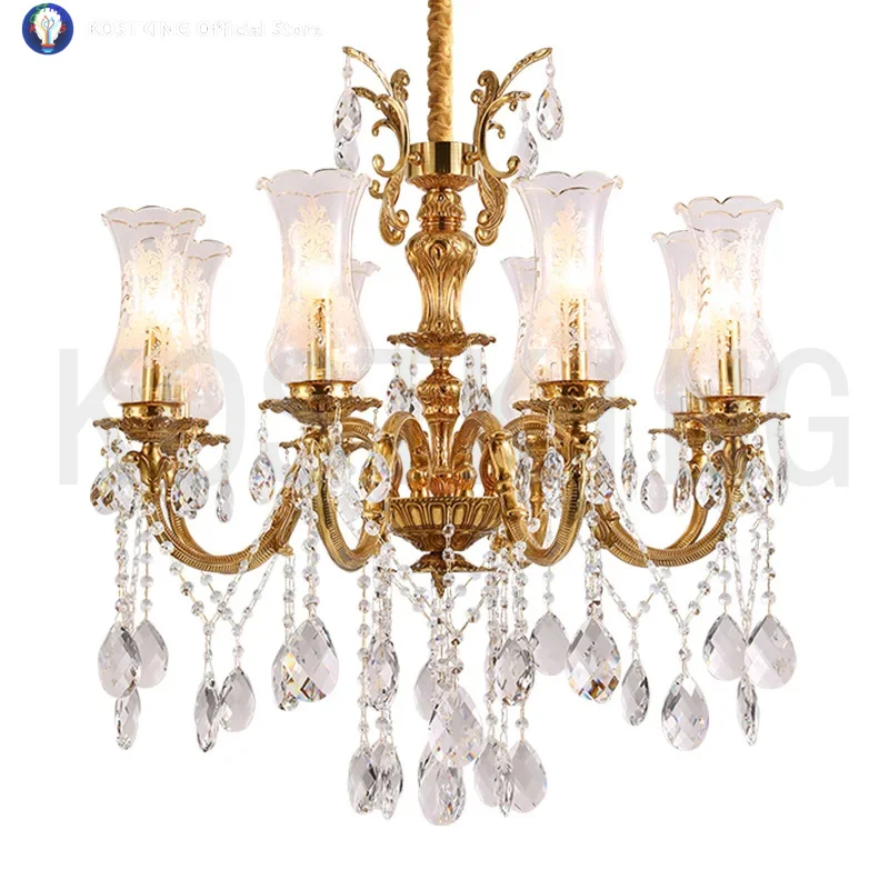 High End European French Luxury Crystal Adorned Brass Pendent Light Ideal For Villa'S Living Dining & Bedroom Decor