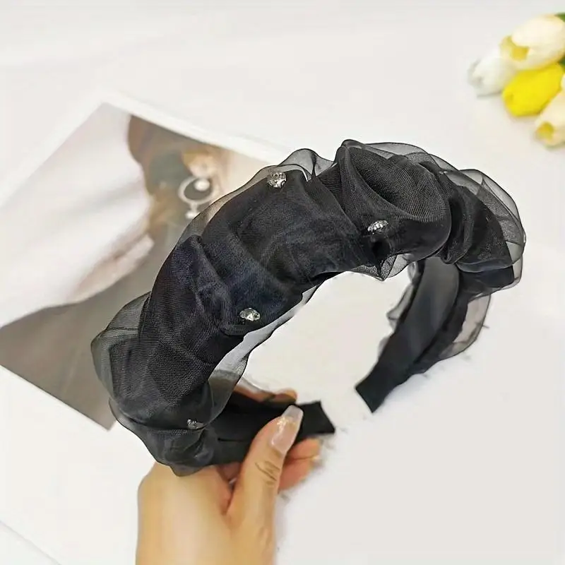 1 шт. женская сетчатая черно-белая широкая повязка для волос с бриллиантами, простая и элегантная для повседневных вечеринок