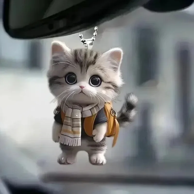 

Cat Car Hanging Ornament 2D Minimalist Rearview Mirror Decor with Adjustable Chain Durable Interior Accessories for Pet Lovers