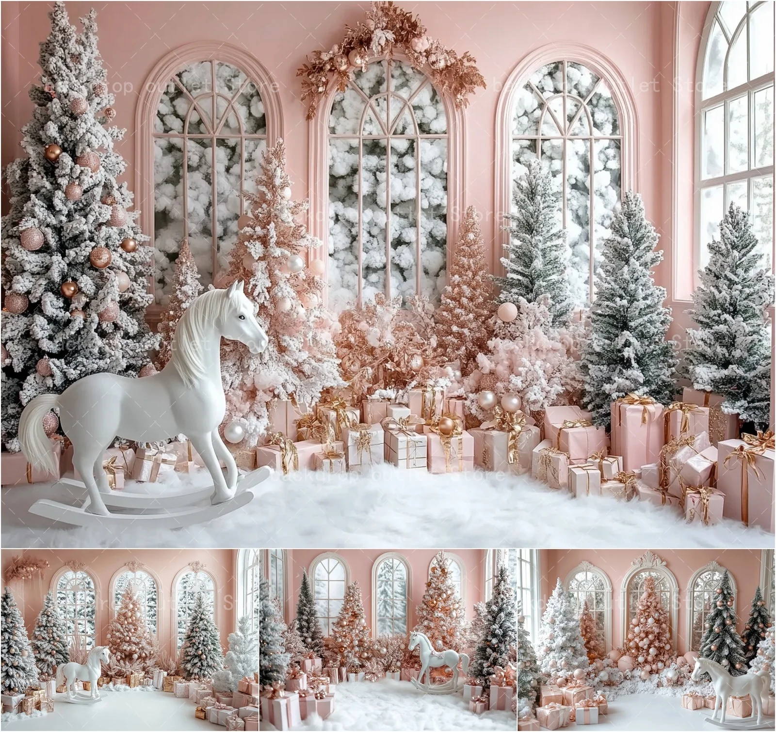 Mehofond rosa natal fotografia fundo retro arco interior janela presente árvore de natal crianças retrato pano de fundo decoração