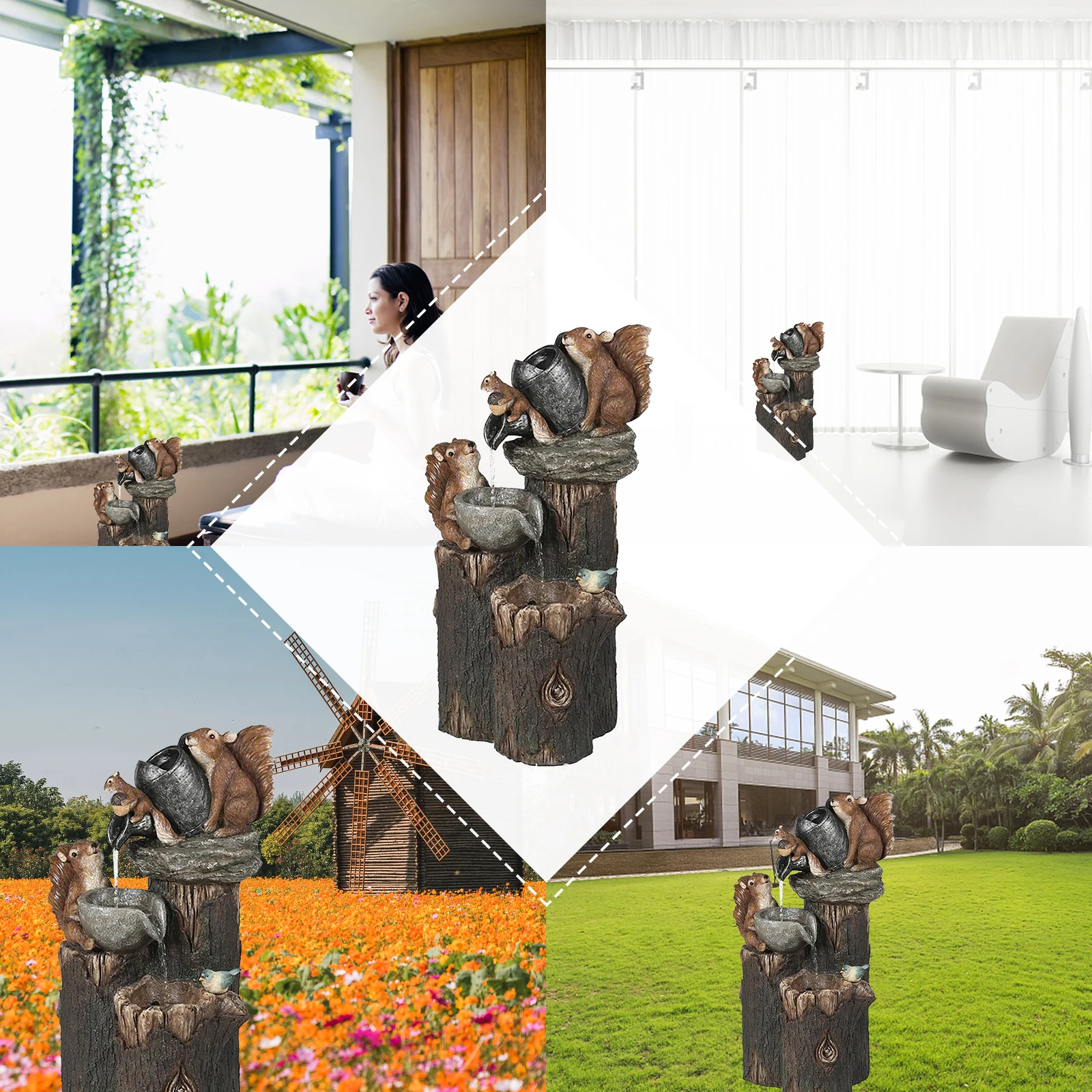 アヒルのリスの太陽の噴水の装飾、創造的な彫像、屋外の庭の装飾 - Smart Garden Ornaments のレビューと価格