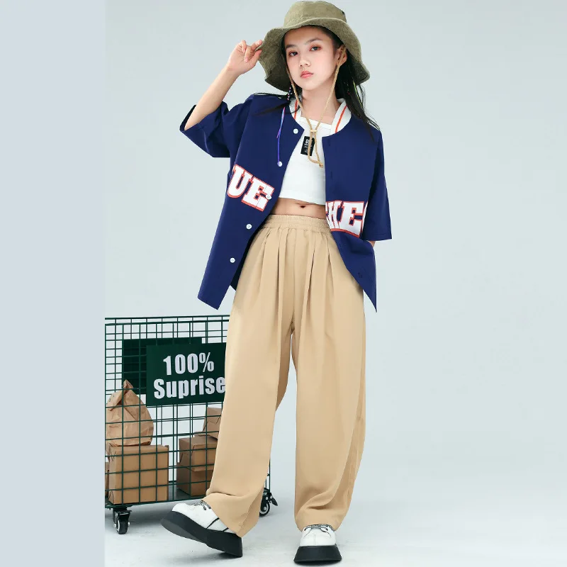 Kid Hip Hop abbigliamento Navy Cardigan oversize camicia da Baseball kaki gamba larga pantaloni Casual per ragazza ragazzo Jazz Dance Costume vestiti