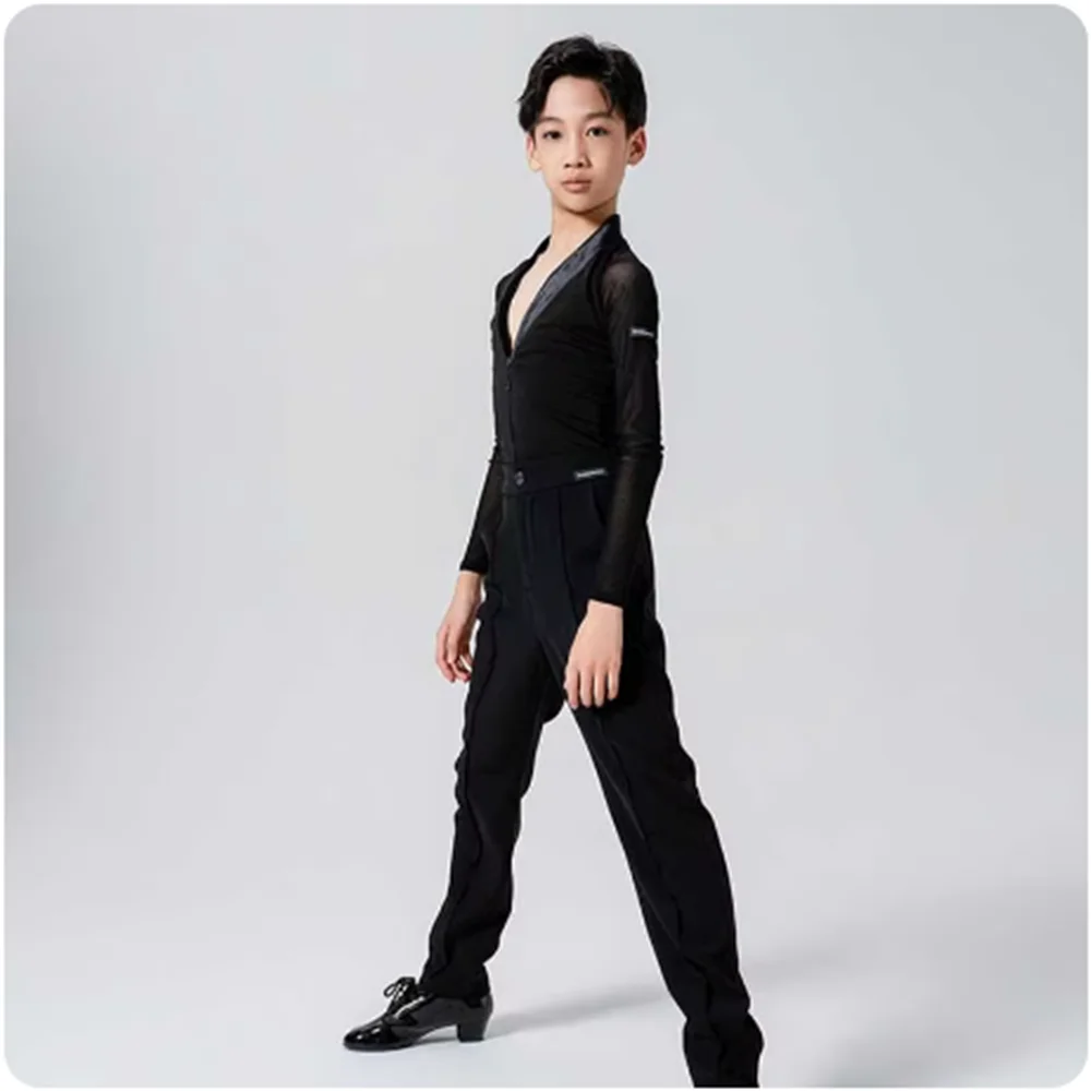 Latin Boys Costume V-Neck Long Sleeve Tops Kids Rumba Cha Cha Performance Clothing Line Dance Top Black Pants Practice Clothes