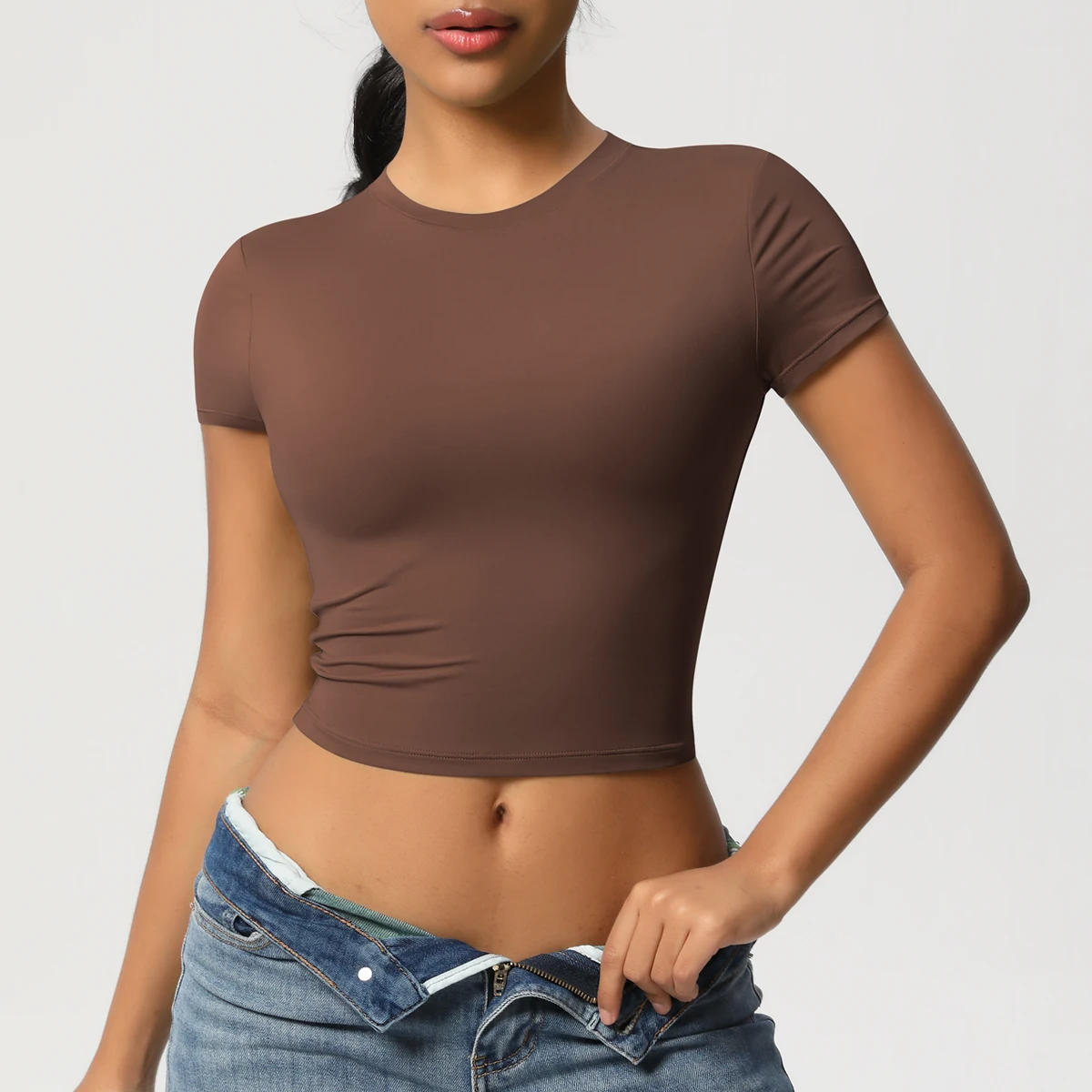 Frauen Sport Shirt Kurzarm Gym Top Workout Kleidung Hohe Elastische Active Wear Femme Lauf Zubehör Fitness T-shirt – Detail 3