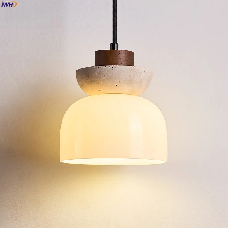 

IWHD White Glass LED Pendant Lamp Yellow Travertine Bedroom Living Room Decoration Nordic Modern Interior Pendant Light Lampara