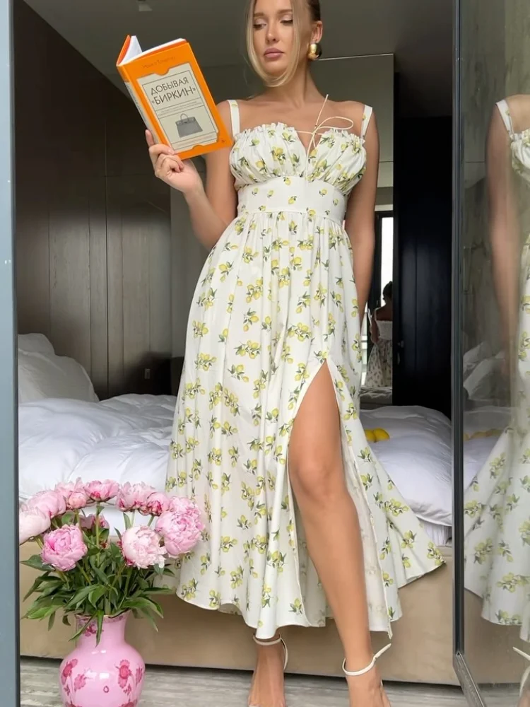 

Элегантное женское шикарное платье с цветочным принтом, на бретельках, с завязками на талии, длинное, с разрезом, А-силуэт, новинка 2026 года, для отпуска и вечеринок
