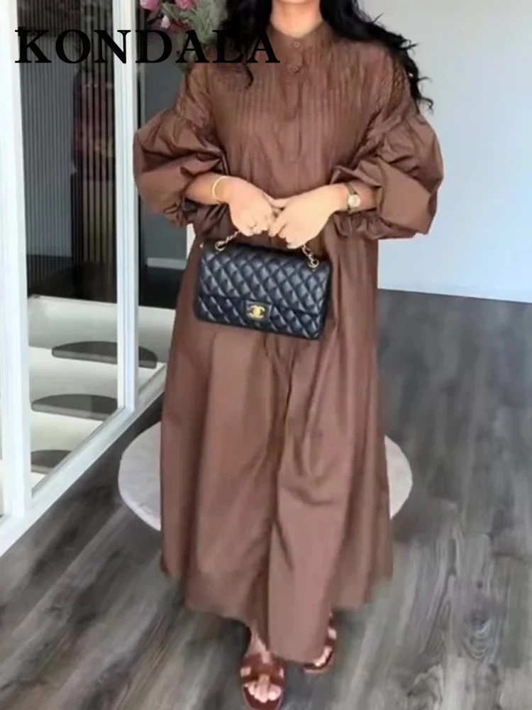 

KONDALA Vintage 2025 Casual O-Neck Elegant Woman Long Dresses Autumn Button Draped Dress Puff Sleeve Chic Loose Female Vestidos