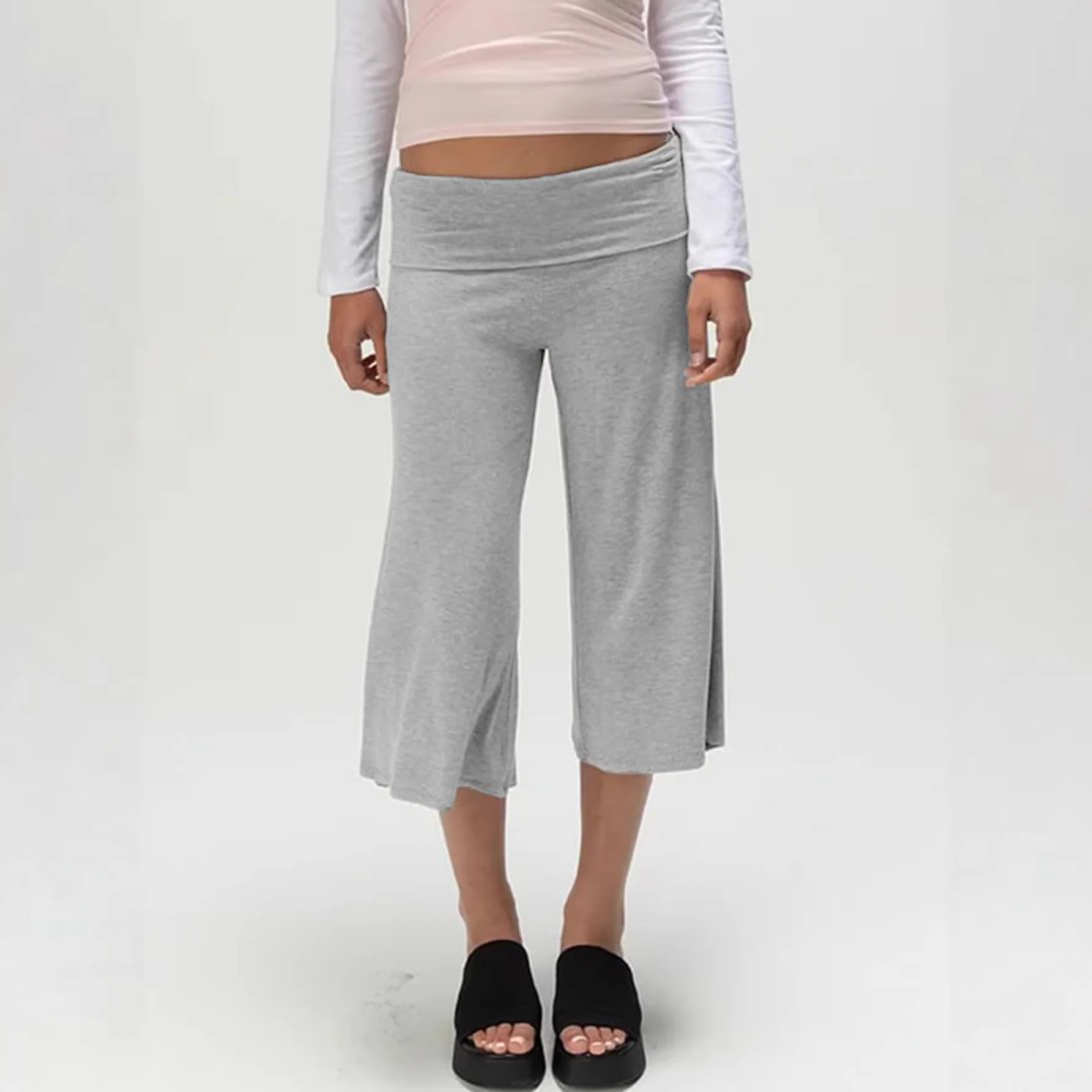 Women Fold Over Waist Gaucho Pants Low Rise Cropped Wide Leg Capri Pants Summer Foldover Culottes Yoga Pants Pajama Bottoms