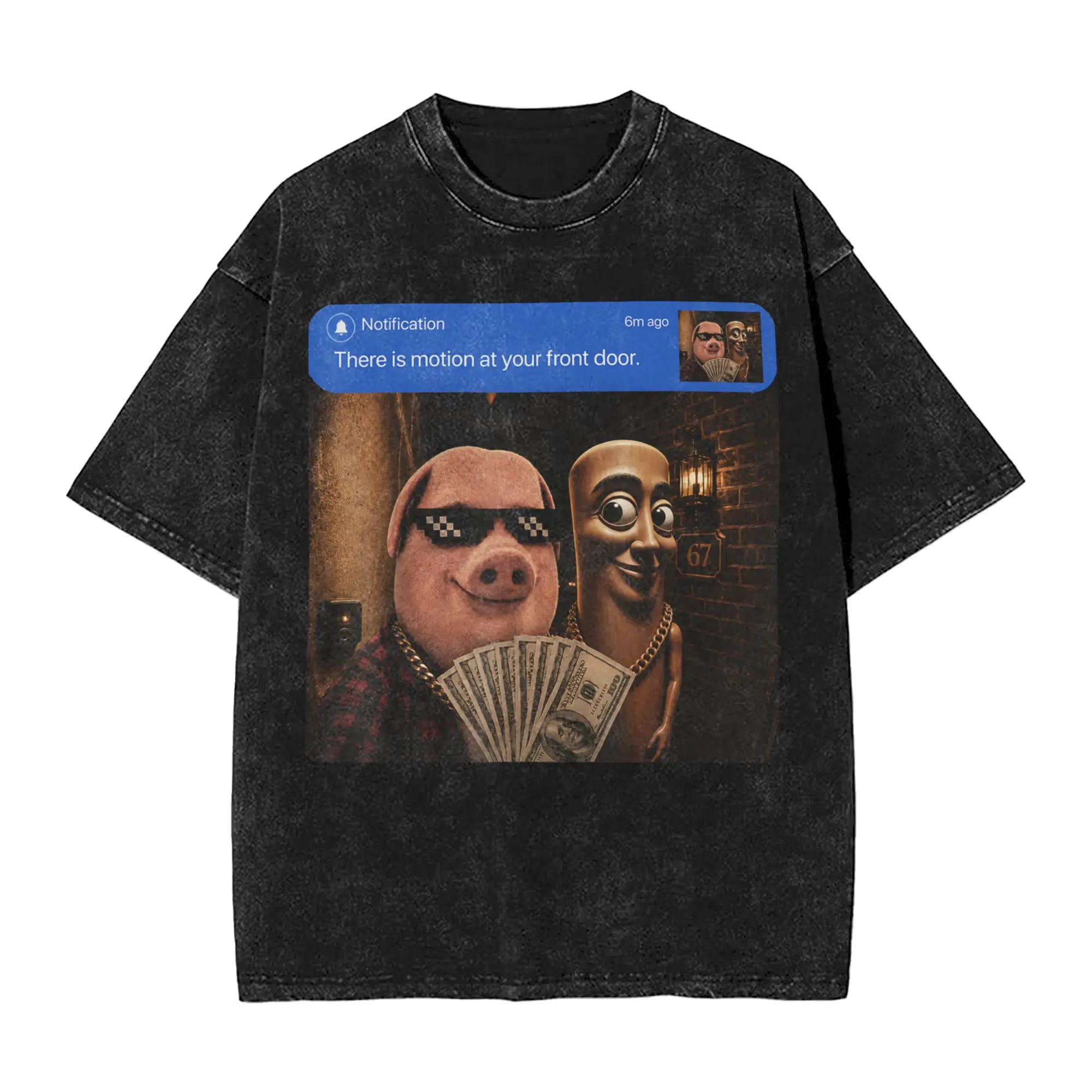 Novelty John Pork and Tung Tung Tung Sahur Front Door Motion T-Shirt Men Crew Neck Cotton Washed T Shirt  Short Sleeve Tee Shirt