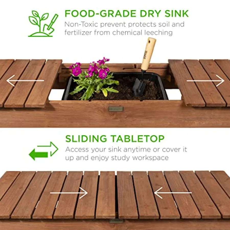 Mobile Garden Potting Bench, Outdoor Wood Workstation Table w/Sliding Tabletop, 4 Locking Wheels, Food Grade Dry Sink, Storage