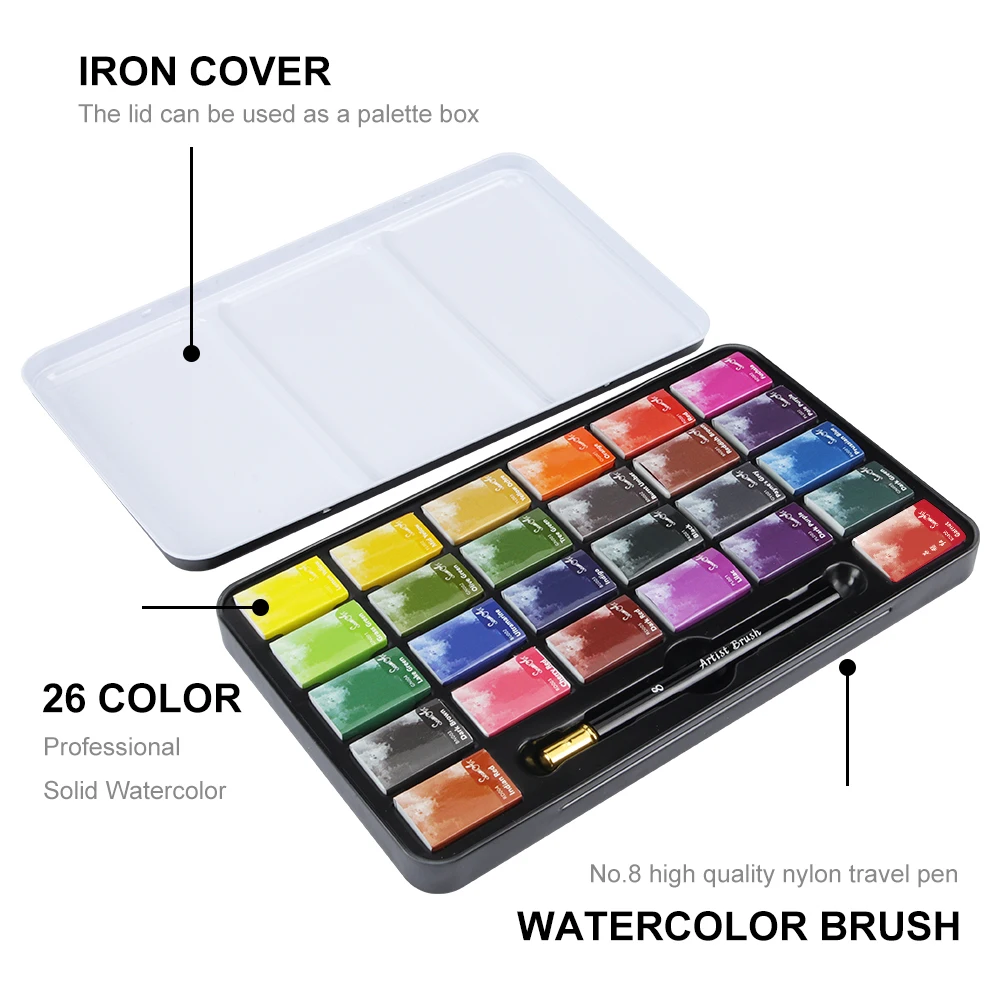 SeamiArt 26 Colors Full Pan Artist Grade Professional Solid Watercolor Tin Box Paint Set for School Art Painting Supplies