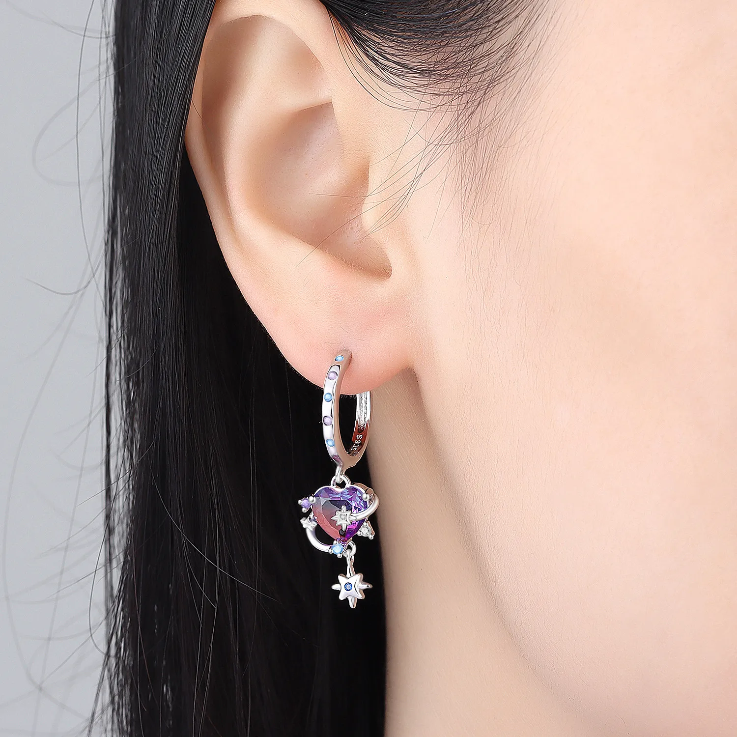 Original-Ohrring aus 925er-Sterlingsilber, wunderschöner, verträumter lila Ohrring für Frauen, Valentinstag, Party, Geburtstag, Geschenk, Trendschmuck – Detail 4