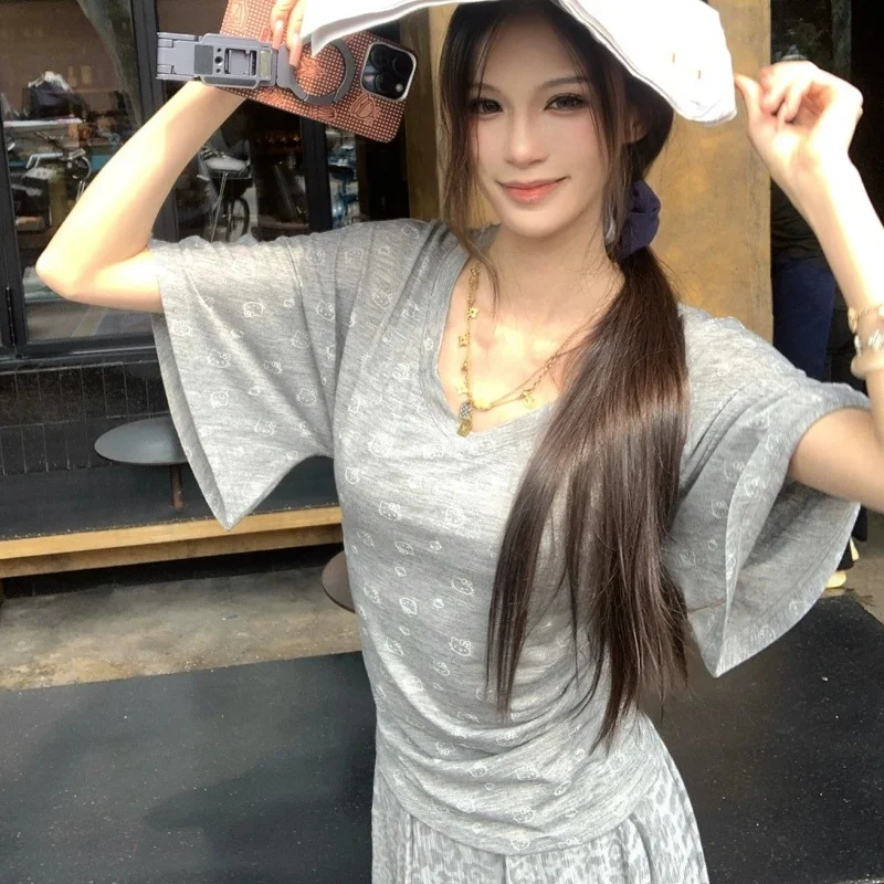 Summer Women Casual V-Neck Tee Cute Cartoon Print Waist Ruched Gathered Design Slimming Short Sleeve Daily Fashion Top