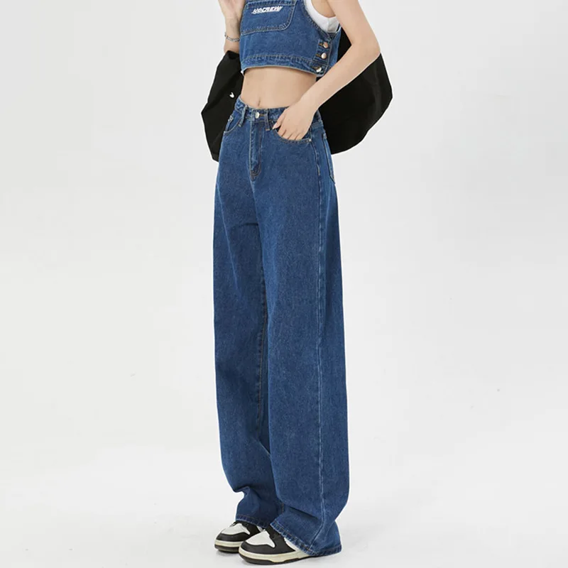 American Loose High-waisted Straight-leg Jeans,New Fashionable Simple Casual Floor-length Wide-leg Jeans for Women Four Seasons