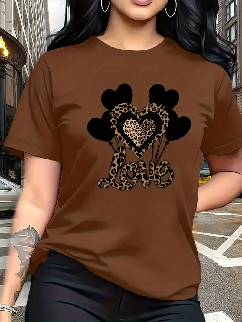 Leopard Print Heart-Shaped Balloons Print Pattern Women T-shirt Summer Casual Short Sleeved Outdoor Sports Casual Women Clothing