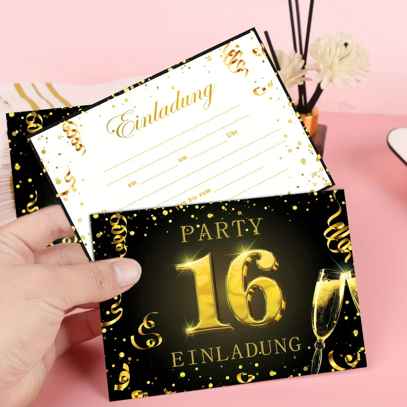 12 قطعة. دعوات عيد ميلاد ذهبية سوداء لـ 16th/18th/20th/30th/40th/50th/60th/70th/80th/90th. أعياد الميلاد - النجم الأنيق #5