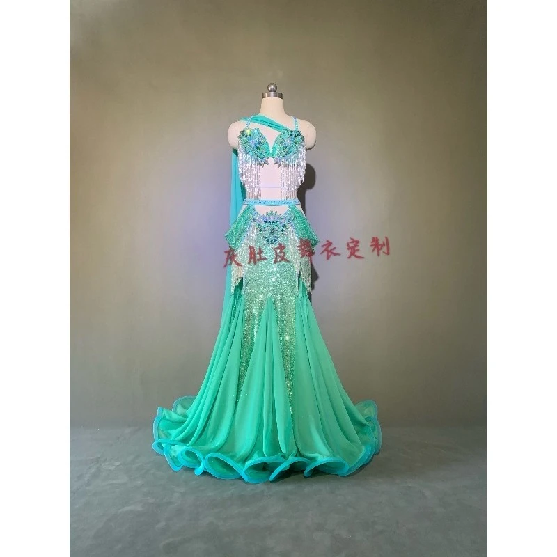 

Customized Belly Dance Suit Performance Costume High Waisted Mint Fish Tail Big Skirt Belly Dancing Bra Falda Bellydance
