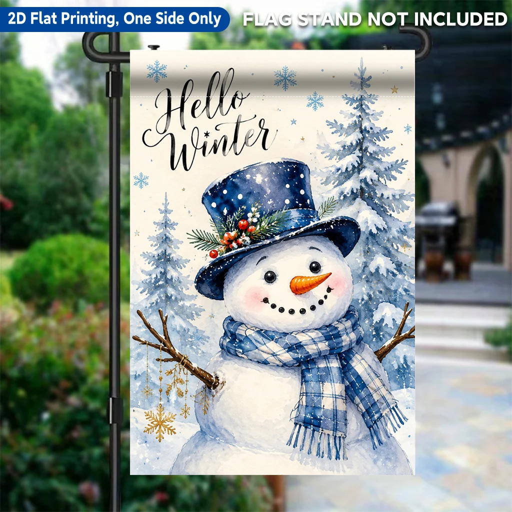 2D Flat Garden Flag 1 Piece, Yeti Hooded Scarf Winter Scene Single-Sided Printed Garden Flag, Polyester Material,