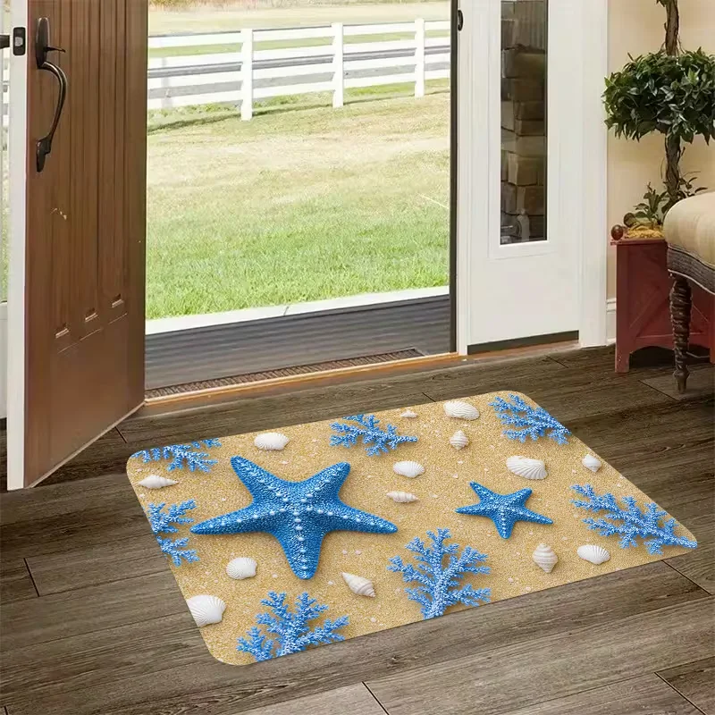 Rectangle Coastal Seashell Starfish Welcome Doormat Non Slip Entry Mat Indoor Front Door Beach Style Decor Floor Rug