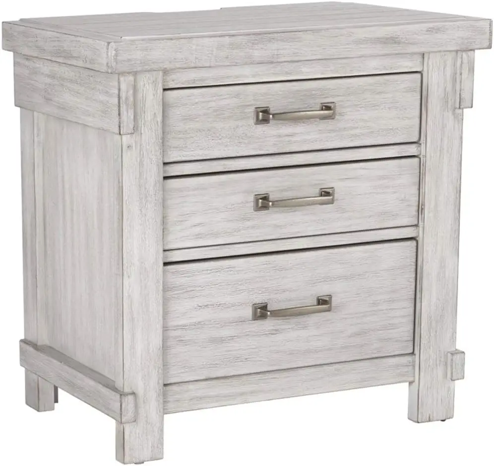 

Brashland Farmhouse 3 Drawer Nightstand with Dovetail Construction, 2 Electrical Outlets & 2 USB Charging Ports, Textured White