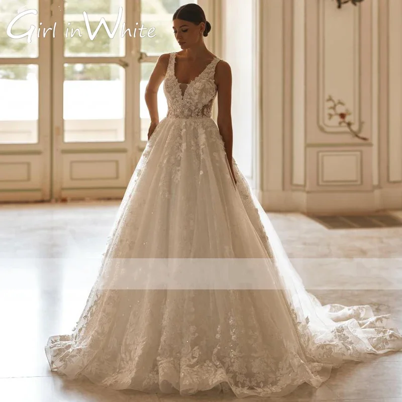

Customized Gorgeous Wedding dress V-neck Lace Applique A-Line Backless Wedding Party dress novias 2025 Vestidos de novia