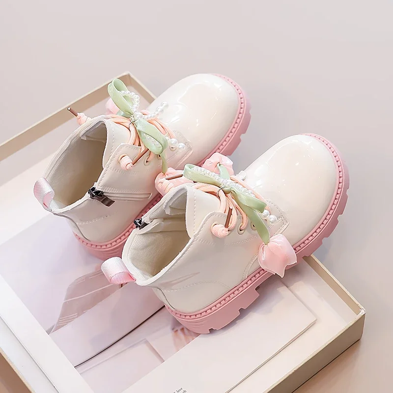 Little Girls Tulip Pearl Bow Boots, Glossy Color-Block Lace-Up Back Zipper Non-Slip Chunky Sole Princess Boots