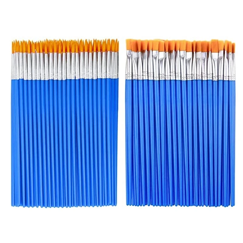 100Pcs Paint Brushes Set for Kids Art Round Flat Hair Nylon Hair Paint Brush for Oil Acrylic Watercolor Kids/Artists/Students