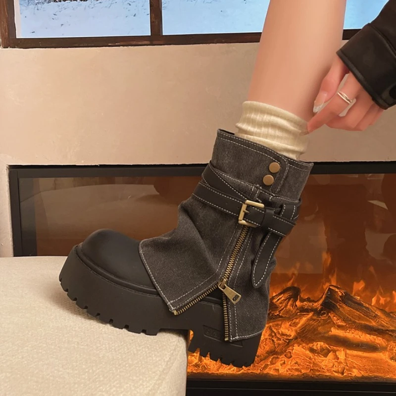 New Winter Punk Style Women Ankle Boots Fashion Belt Buckle Ladies Concise Chunky Platform Heel Short Booties Zapatos De Mujer