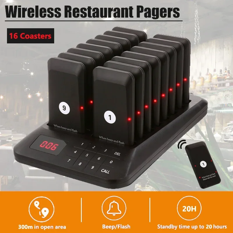 Restaurant Pagers Wireless Calling System 16 Coaster Buzzer Beeper Receivers For Food Court Milk Tea Coffee Fast Food Bar Hotel