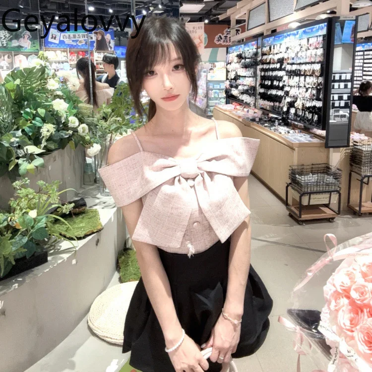 

Женский элегантный костюм, новинка 2023 года, милый твидовый топ с открытыми плечами и бантом + юбка с высокой талией, брюки, комплект из двух предметов, летний комплект