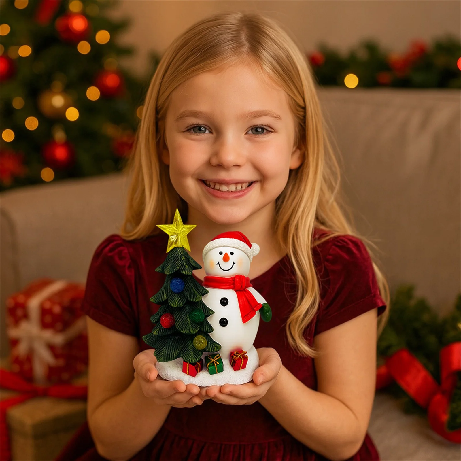 Lámpara de árbol de Navidad de muñeco de nieve, adorno de resina, lámpara Solar, estatua de árbol de Navidad iluminada para mesita de noche, escritorio, fiesta, sala de estar