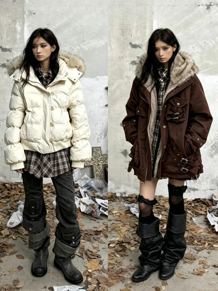 Grunge Street Style Damen Kunstpelz Kapuzen-Winterparka Dick Winddicht Reißverschluss Langarm Freizeitjacke Modische Winterjacke