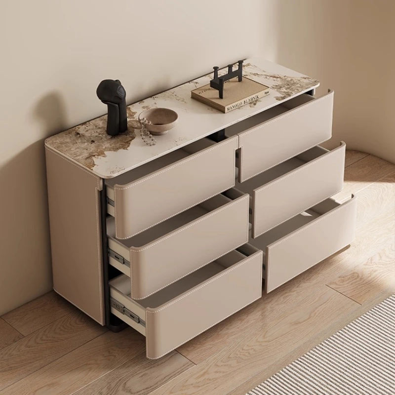 

Italian Style Rock Slab Saddle Leather Solid Wood Chest Of Drawers Storage Locker Dresser Living Room Cabinets Display Cabinet