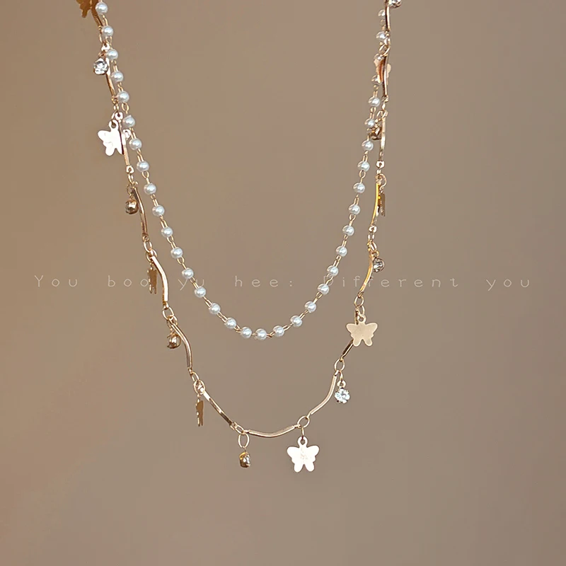 Vintage Gold Double-Layer Butterfly Pearl Necklace for Women - High-End Choker.