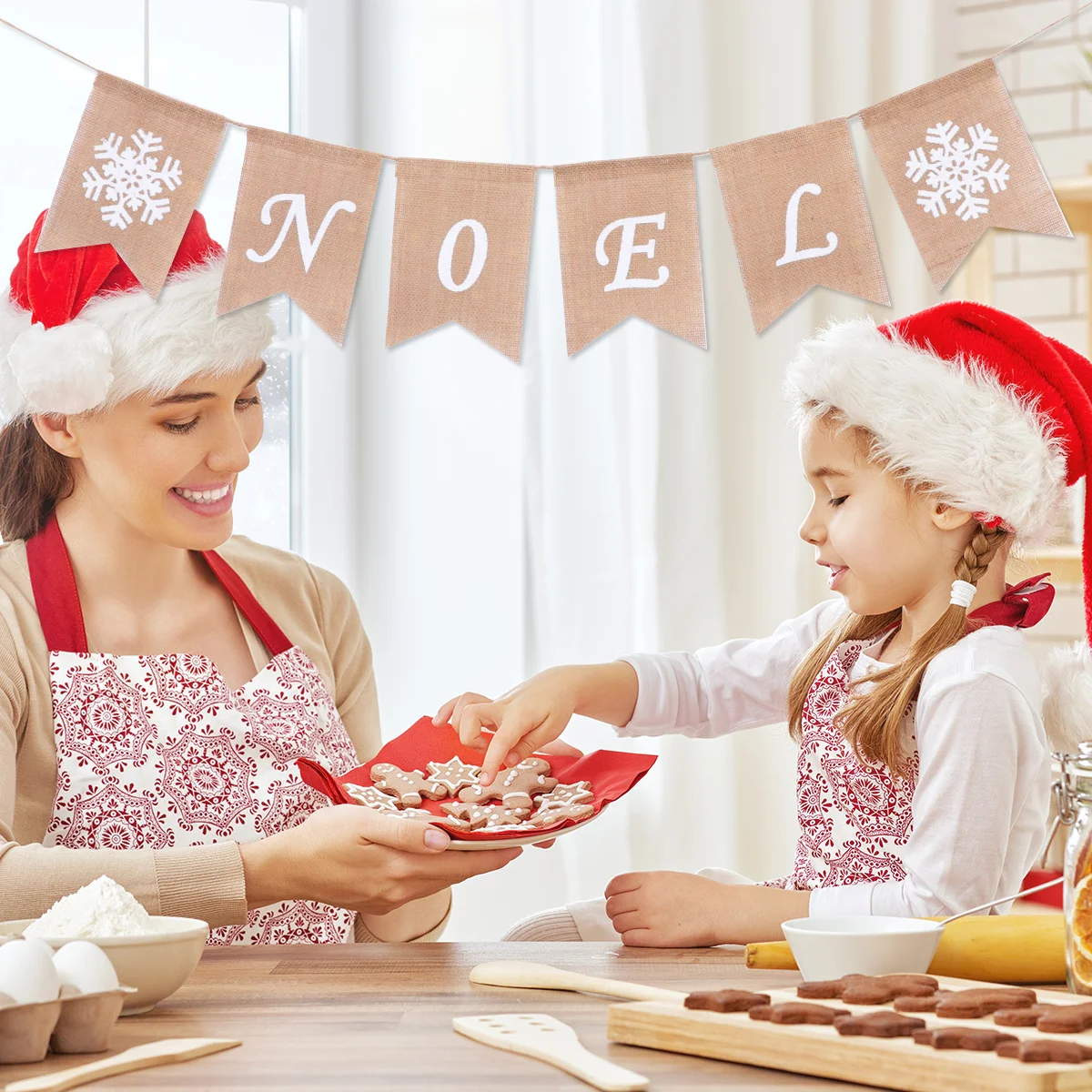 

6 Flags Noel Snowflake Burlap Garland Christmas Bunting Rustic Decorations for Wall Window Fireplace Xmas Tree Party