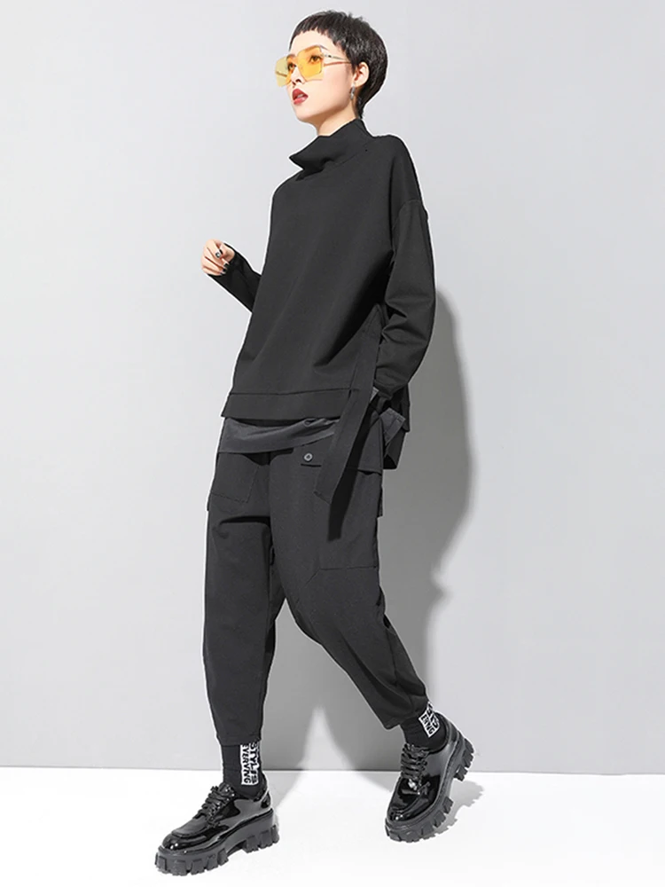 [EAM] Loose Fit Asymmetrical Big Size Sweatshirt New High Collar Long Sleeve Women Big Size Fashion Spring Autumn 2024 19A-a124