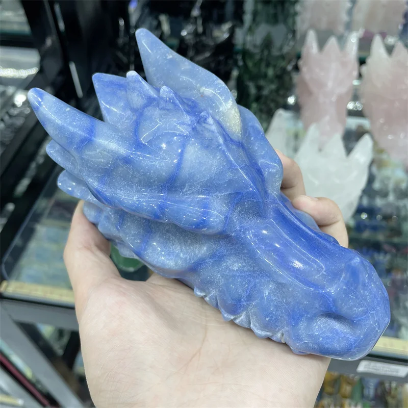 15CM Natural Blue Aventurine Stone Dragon Head Skull Healing Crystals Carved Powerful Statue Decor