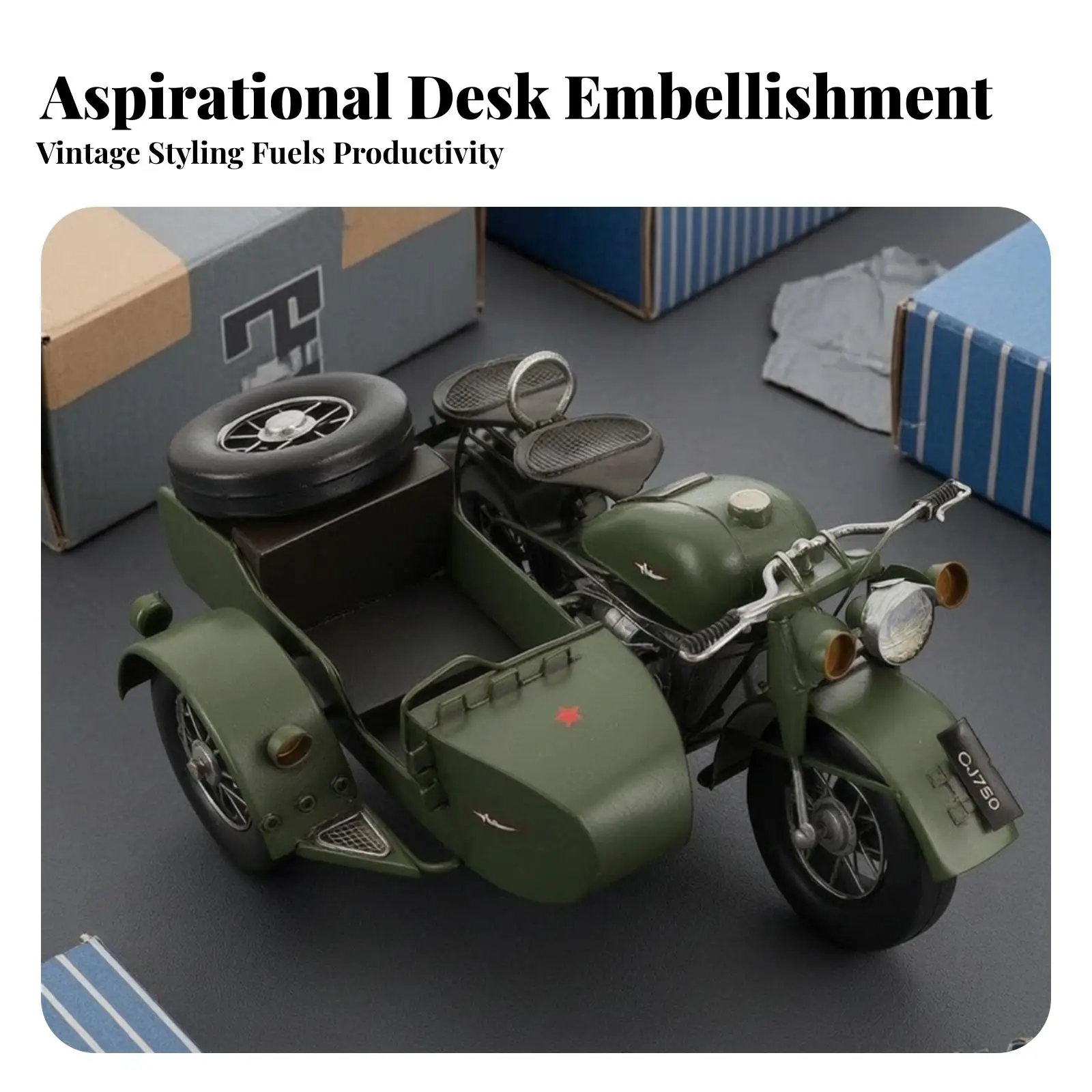 Iron Motorcycle Model with Sidecar Army Green Vintage Style for Industrial Decor Shelf Showpiece Art