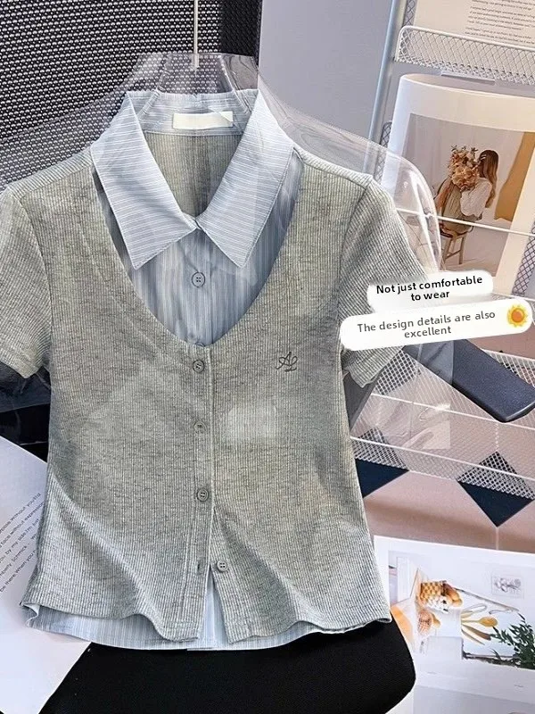 スリムフィットまたはスベイート レディース サマーデザイン ショルダーパッド入り フェイクツーピース スタイル 韓国風 通勤 スタイル カラー