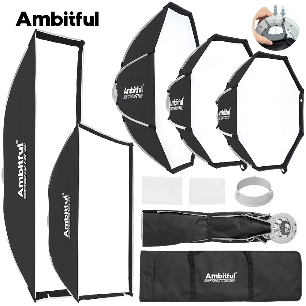 Ambitful 55cm 65cm 90cm 30x120cm Série Q7 Boîte à lumière octogonale/rectangulaire à dégagement rapide Monture Bowens pour photographie en studio et en extérieur