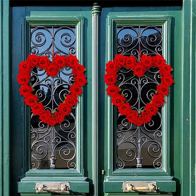 

ABHG-Roses Garland For Home Heartshaped Roses Flower Garland Decorative Simulation Roses Flowers Wreath For Front Door Home
