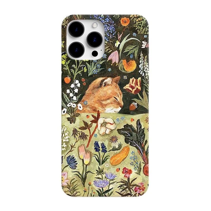 Vintage INS Oil Painting Sleepy Cat & Flowers Cute Animals Artistic Phone Case for iPhone 15 14 11 12 13 Pro Max Plus Back Cover