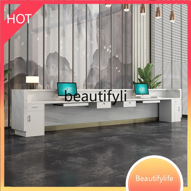 

ss Asmt14 Company Lacquered Imitation Marble Front Desk Reception Desk Simple Beauty Salon Hotel Cashier Desk Customization