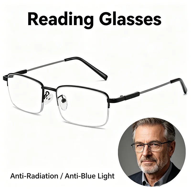 Unisex Halbrahmen Titan Anti-Blaulicht Lesebrille für Männer und Frauen, Mehrere Stärken +1,00~+4,00