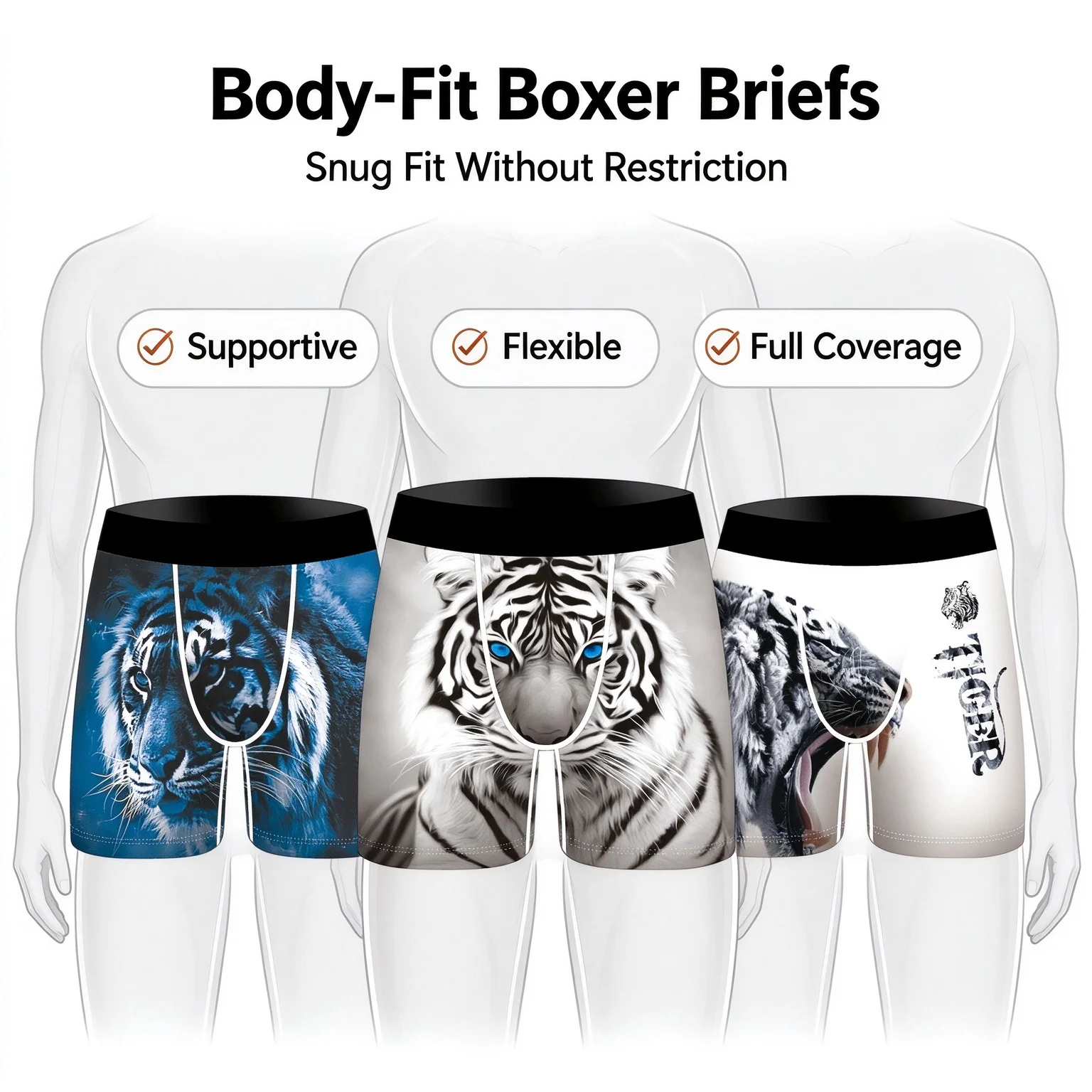 Men's Boxer Briefs 3D Tiger Print Soft Breathable Underwear, Cool Animal Pattern Stretch Waistband Men Underpants, Gift For Men