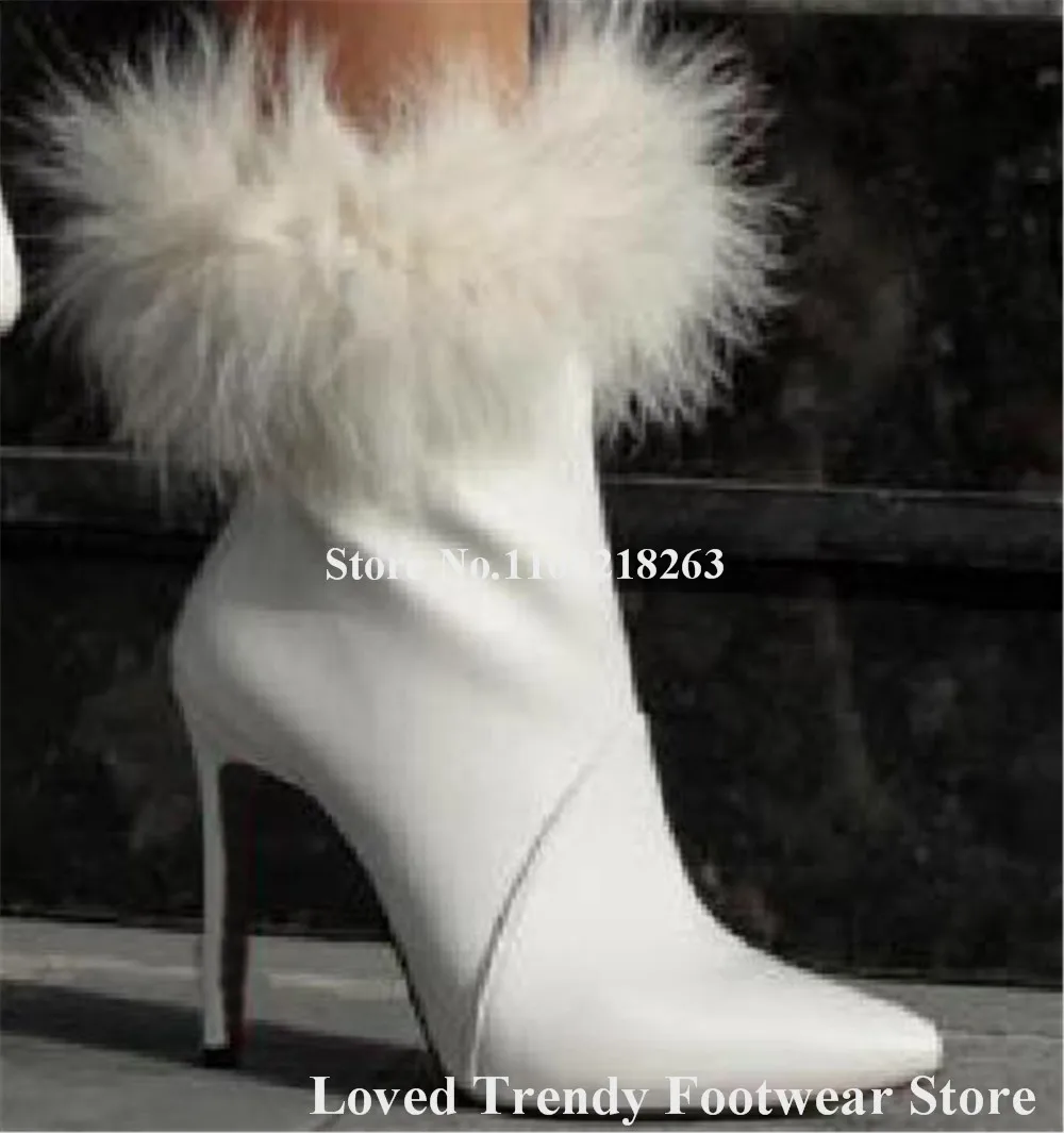 Newest White Matte Leather Fur Decorated Stiletto Heel Short Boots Elegant Pointed Toe Fringes Thin Heel Ankle Booties Big Size