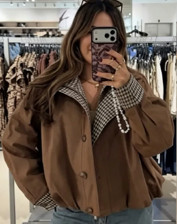 Women's Short Patchwork Plaid Lapel Jacket, Loose Fit with Dropped Shoulders, Puff Sleeves, Single-Breasted Casual Jacket, Versatile Top for Everyday Wear, 2026 Autumn New Style