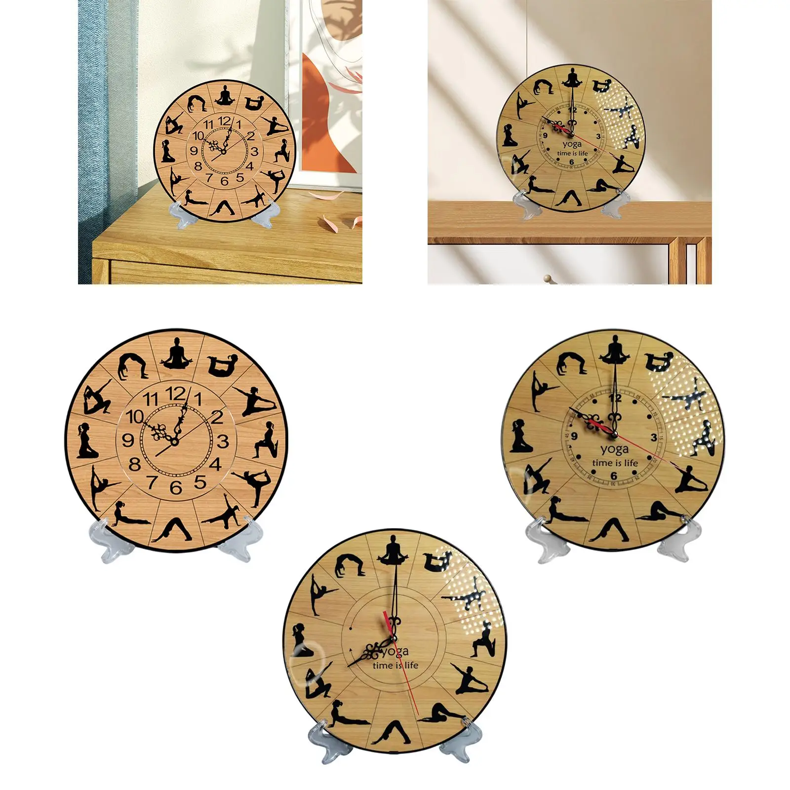 30cm Yoga Themed Desktop Wall Clock for Bookshelf Multifunctional Quiet Non Ticking Battery Operated Tabletop Decoration