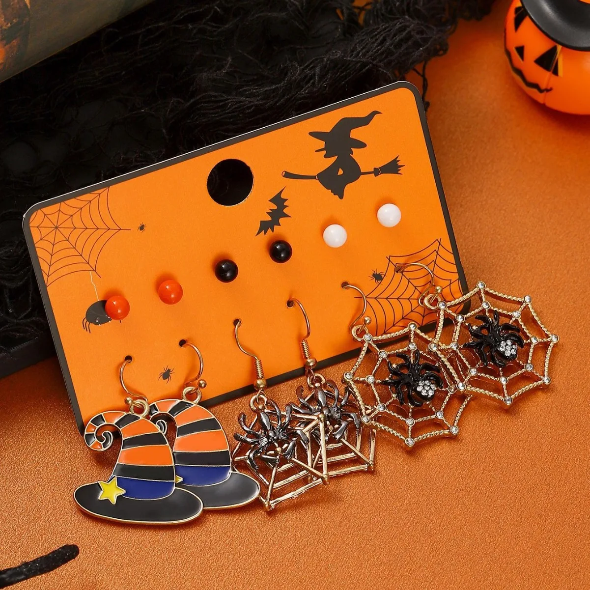 6 Pcs/Set Fashion Witch Hat Spider Web Personality Cartoon Dangle Earrings Women Party Halloween Gift Jewelry